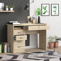 Modern Desk with 5 Storage Drawers for Living Room or Home Office, Oak Structure