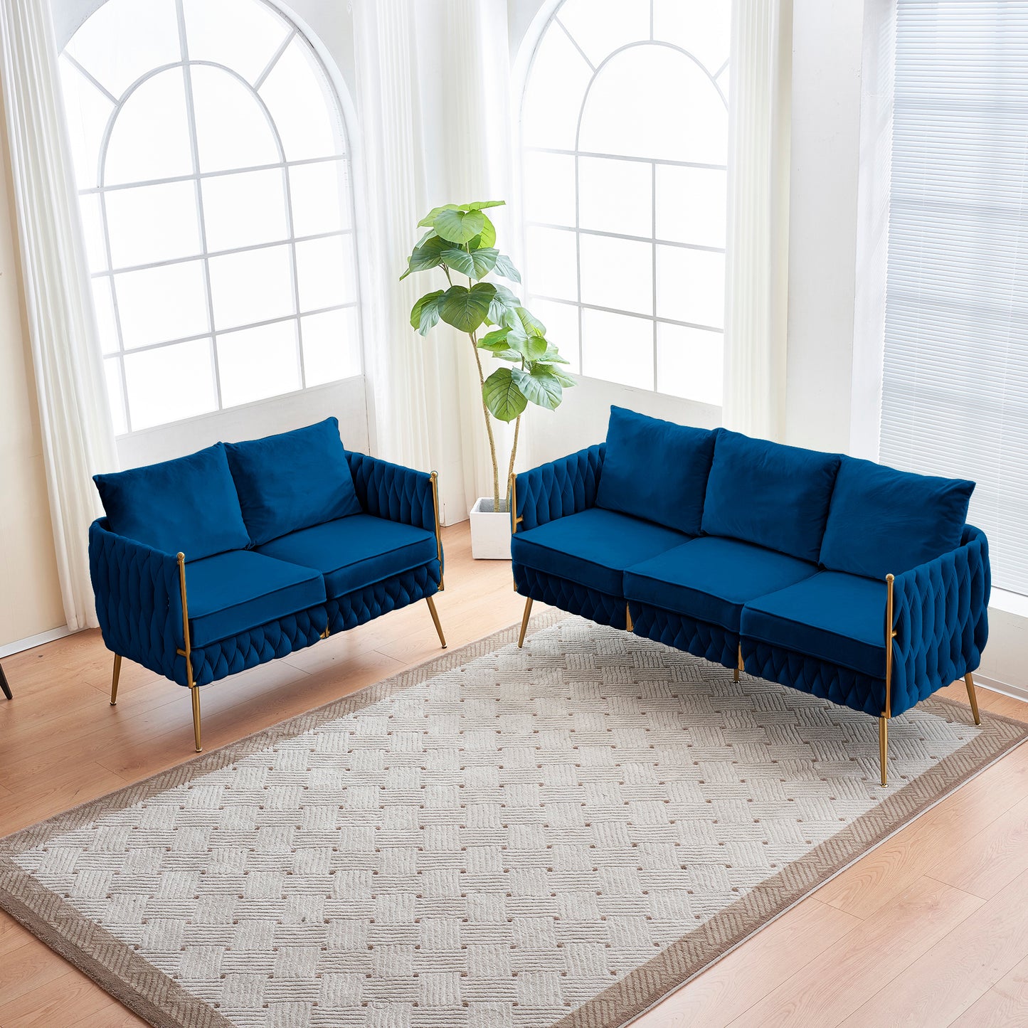 2 Pieces Velvet Sofa Couch Set, Comfy Lovesea and 3 Seater Sofa,Upholstered 2 Seater Sofa with 3 Seater Couch, Handmade Woven Back Modern Couch Set for Living Room, Blue Velvet