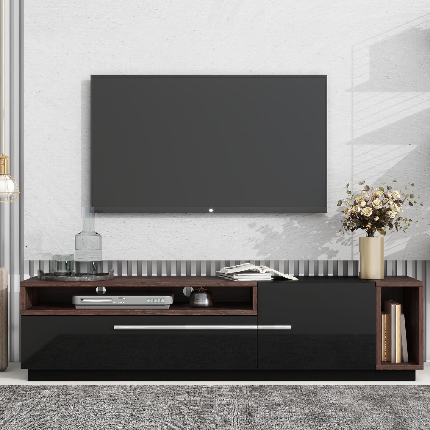 ON-TREND Two-tone Design TV Stand with Silver Handles, UV High-Gloss Media Console for TVs Up to 70", Chic style TV Cabinet with Spacious Storage Space for Living Room, Black