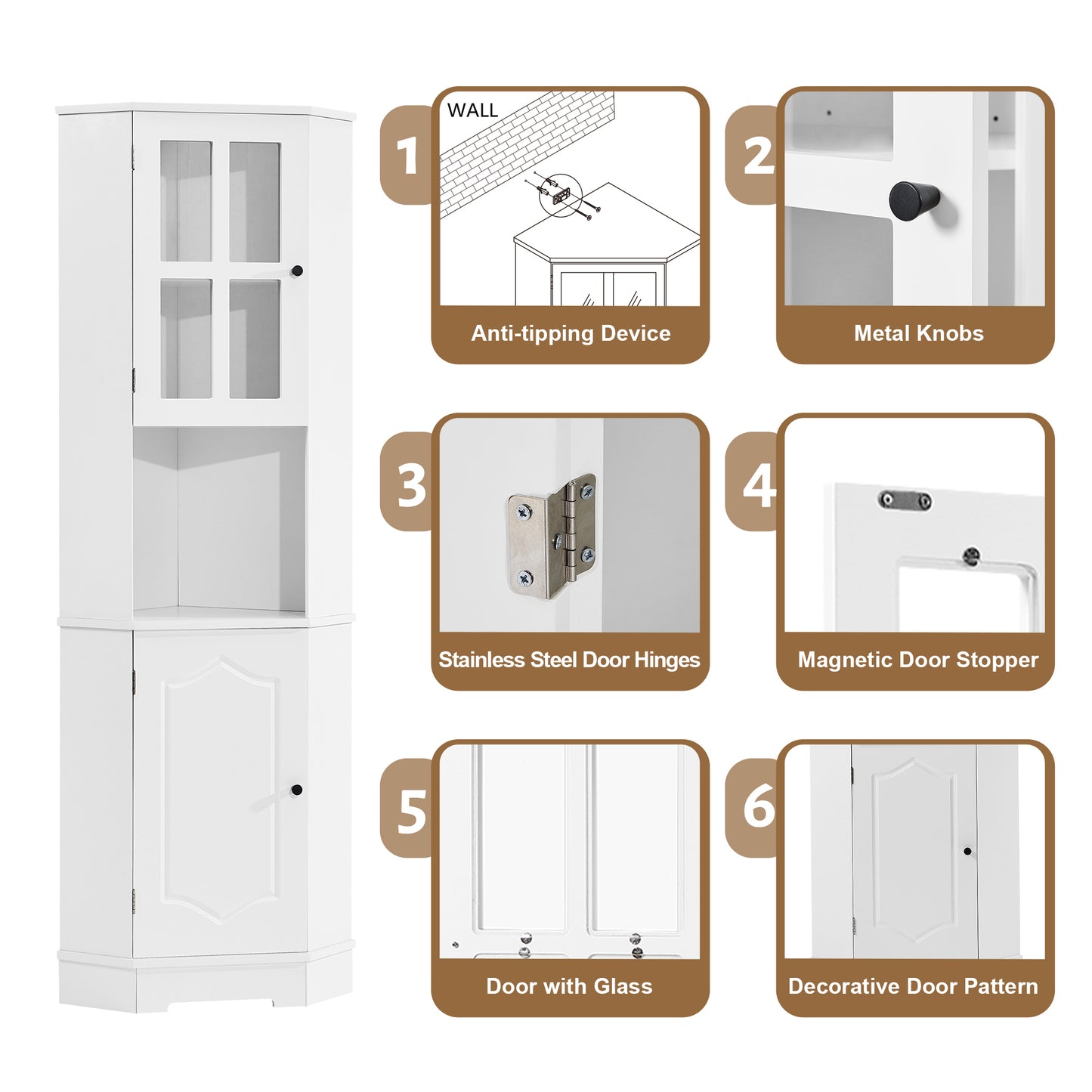 Tall Bathroom Storage Cabinet, Corner Cabinet with Glass Door, Open Storage, Adjustable Shelf, White