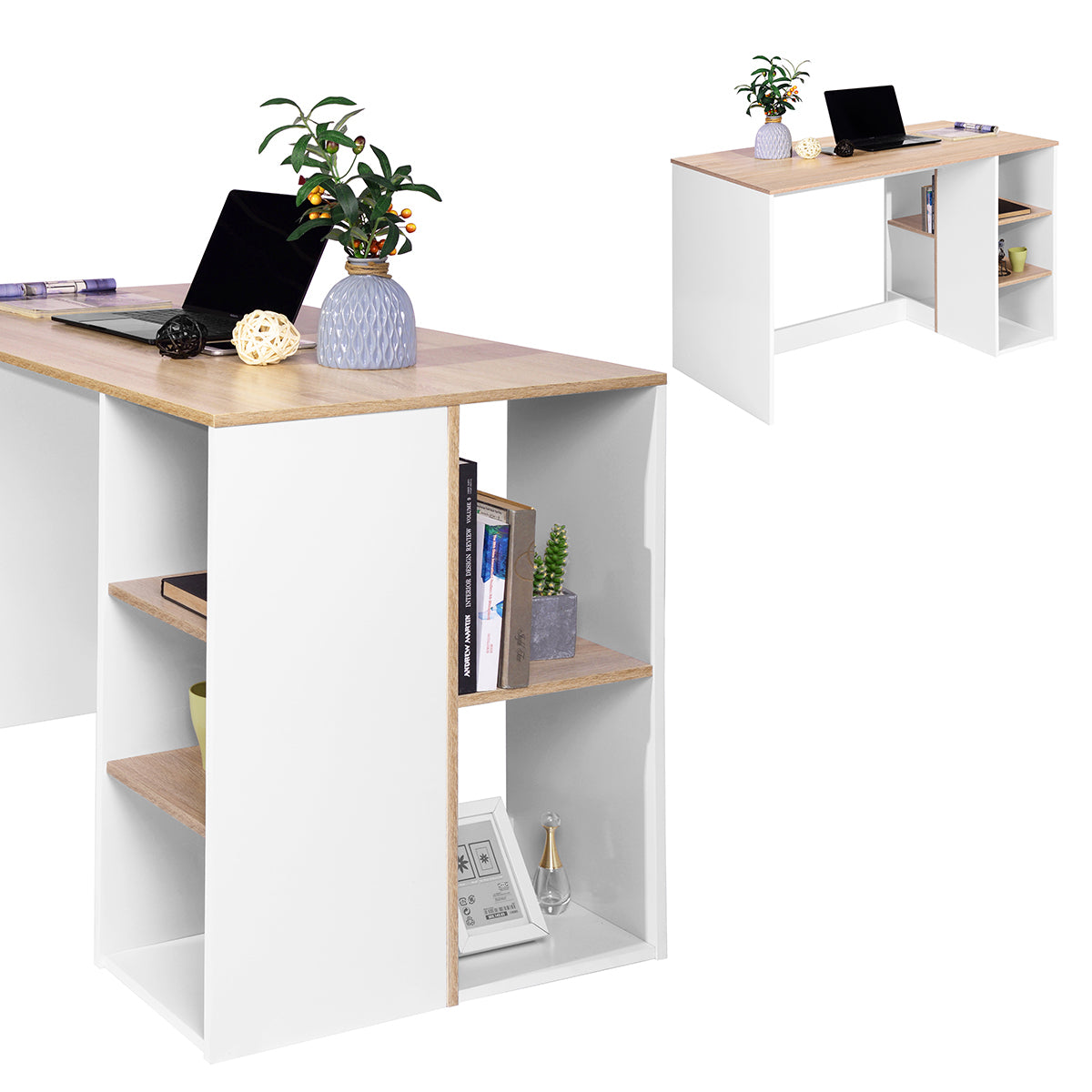 47.2" Computer Desk with 5 Storage Shelves, Modern Study Writing Desk for Small Spaces Gaming Desk, Multipurpose Student Learning Table Workstation for Home Office, Easy Assembly (Oak White)