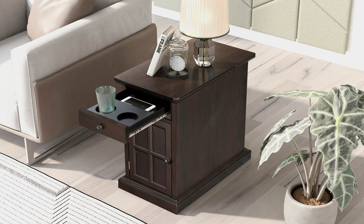 U-Can Classic Vintage Livingroom End Table Side Table with USB Ports and One Multifunctional Drawer with cup holders, Antique Espresso