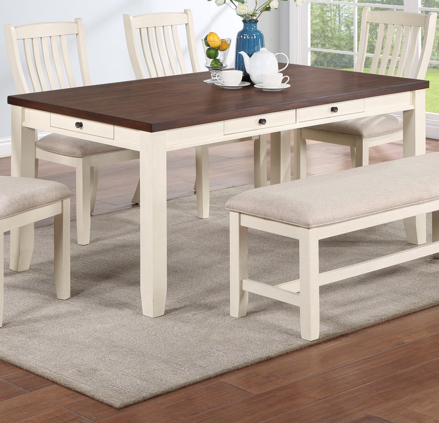 Classic Dining Room Furniture Rectangular Dining Table 1pc Dining Table Only White Rubberwood Walnut Acacia Veneer Table Top w Pull out Drawers