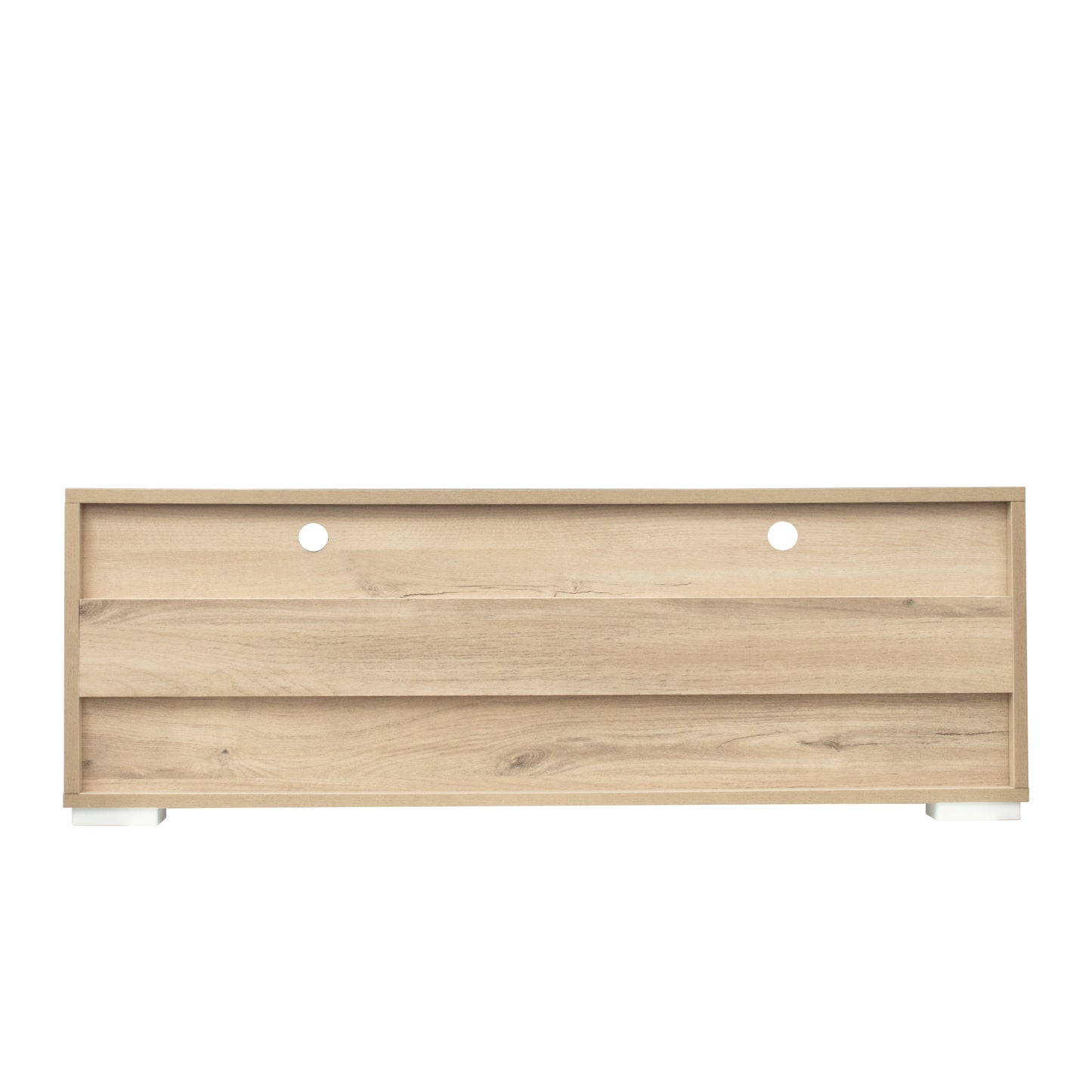 The  TV cabinet has two drawers with color-changing light strips, Rustic Oak