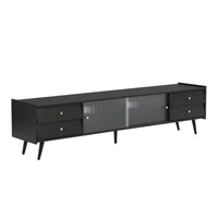 ON-TREND Contemporary TV Stand with Sliding Fluted Glass Doors, Slanted Drawers Media Console for TVs Up to 70", Chic Elegant TV Cabinet with Golden Metal Handles , Black