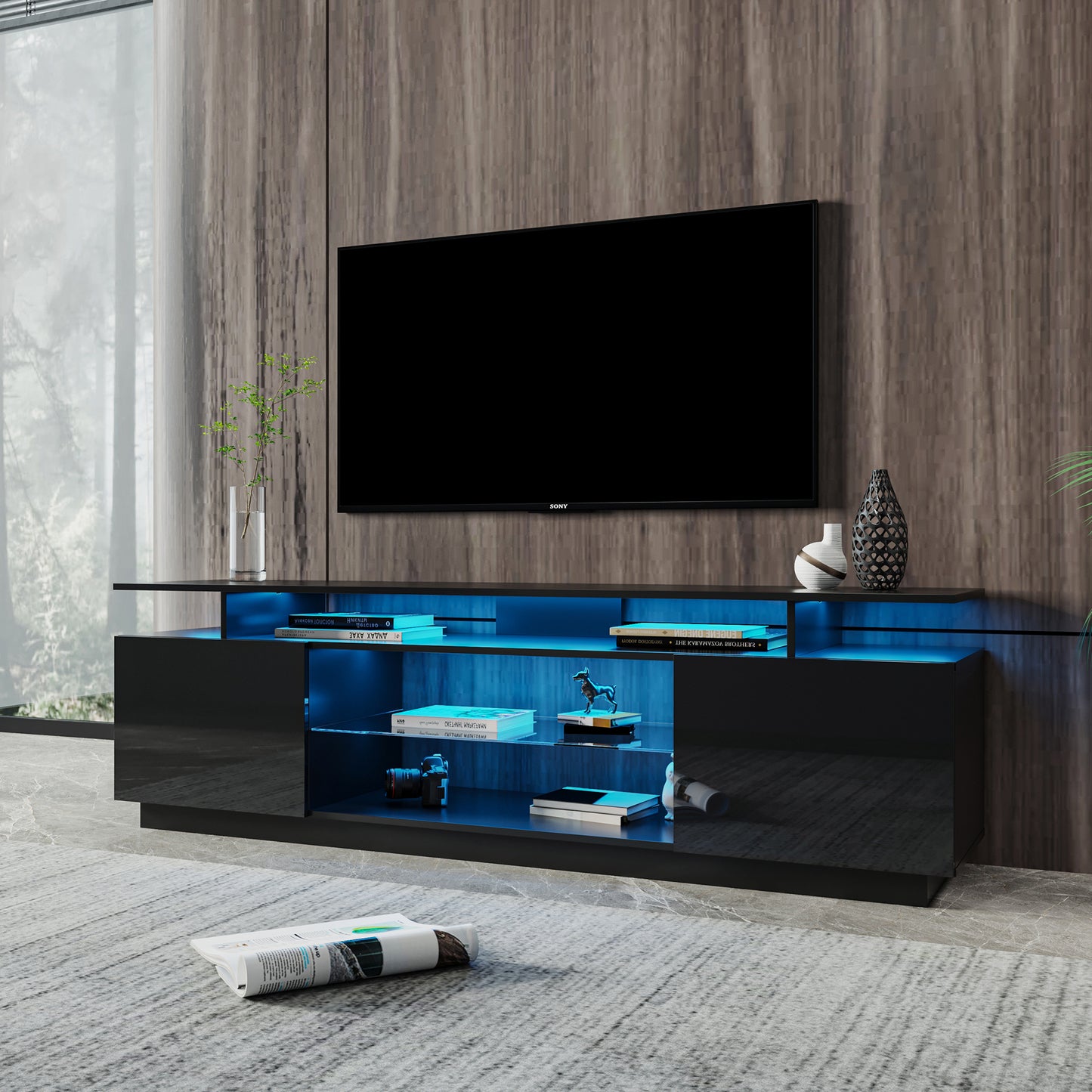 Black TV Stand for 80 Inch TV Stands, Media Console Entertainment Center Television Table, 2 Storage Cabinet with Open Shelves for Living Room Bedroom