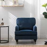 Velvet Accent Chair, Sofa Armchair with Casters, Mid-Century Modern Velvet Upholstered Comfort Oversized Armchair with Wooden Legs, Reading Chair，Living Room Chair, Dark  Blue