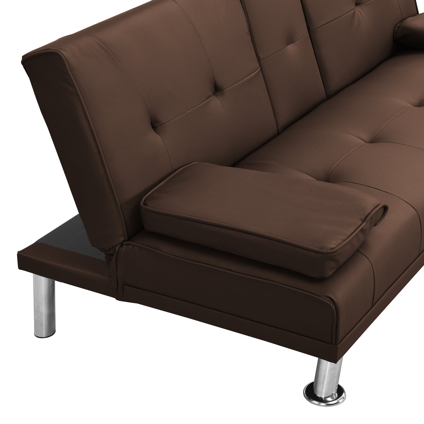 Sofa Bed with Armrest two holders  WOOD FRAME, STAINLESS LEG, FUTON BROWN  PVC