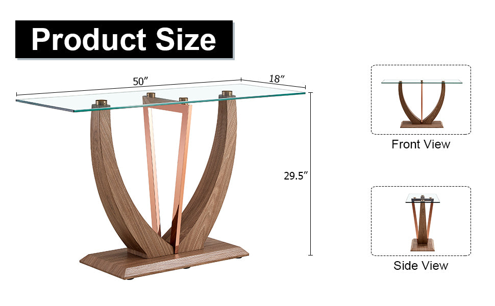 Modern Minimalism rectangular glass table, with 0.39 inch tempered glass table top and MDF wood texture sticker legs, suitable for entrance and living room 50''x18''x 29.5''