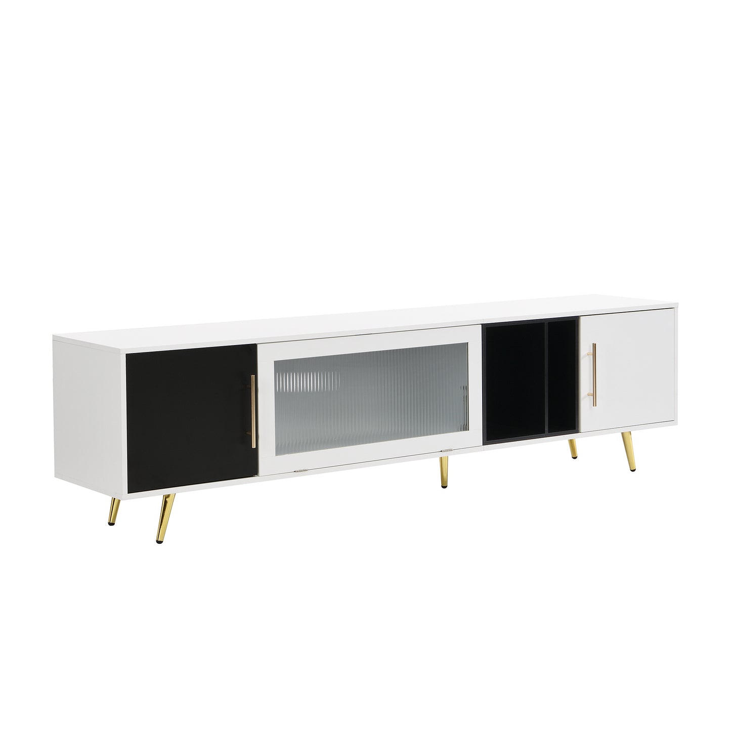 ON-TREND Stylish TV Stand with Golden Metal Handles&Legs, Two-tone Media Console for TVs Up to 80", Fluted Glass Door TV Cabinet with Removable Compartment for Living Room, White