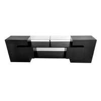 ON-TREND Unique Shape TV Stand with 2 Illuminated Glass Shelves, High Gloss Entertainment Center for TVs Up to 80", Versatile TV Cabinet with LED Color Changing Lights for Living Room, Black