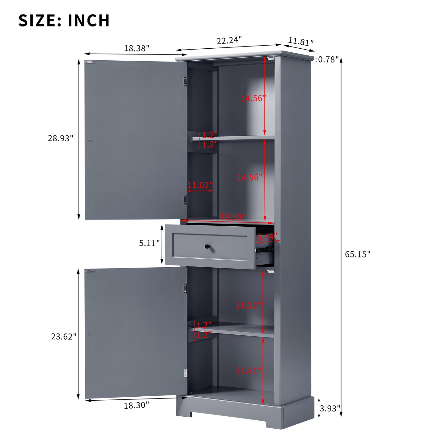 Bathroom Storage Cabinet, Tall Storage Cabinet with Two Doors and Drawer, Adjustable Shelf, Grey