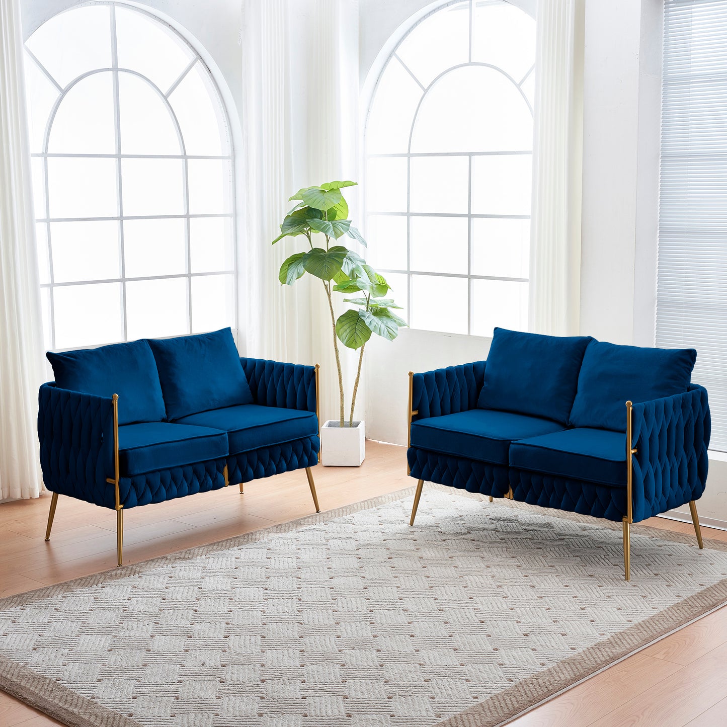 2 Pieces of Loveseat Set Modern Living Room Furniture Set Sofa Couch with Dutch Velvet, Golden Metal Legs And Handmade Woven Back, Blue Velvet