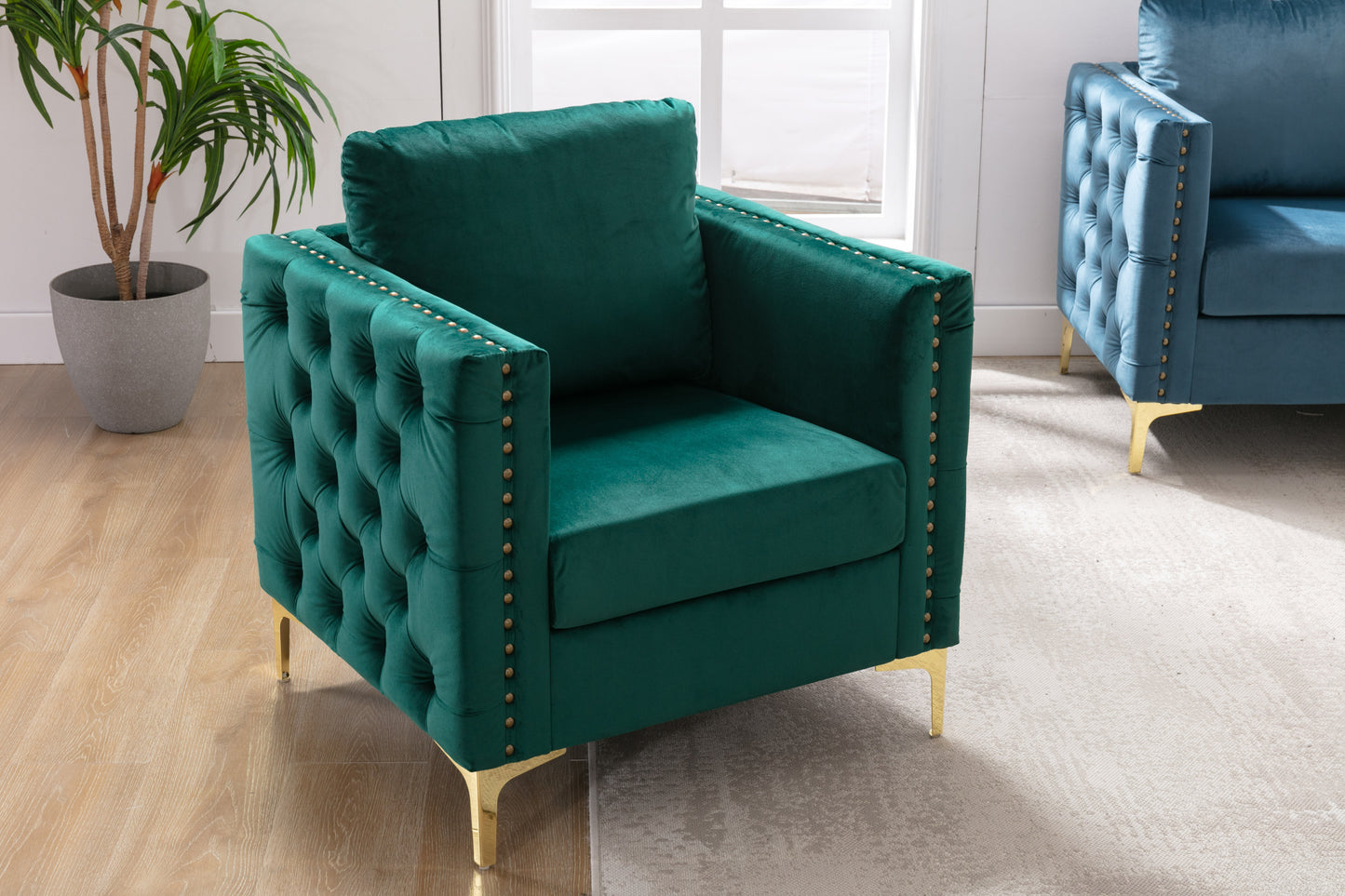 Modern Velvet Armchair Tufted Button Accent Chair Club Chair with Steel Legs for Living Room Bedroom,Green