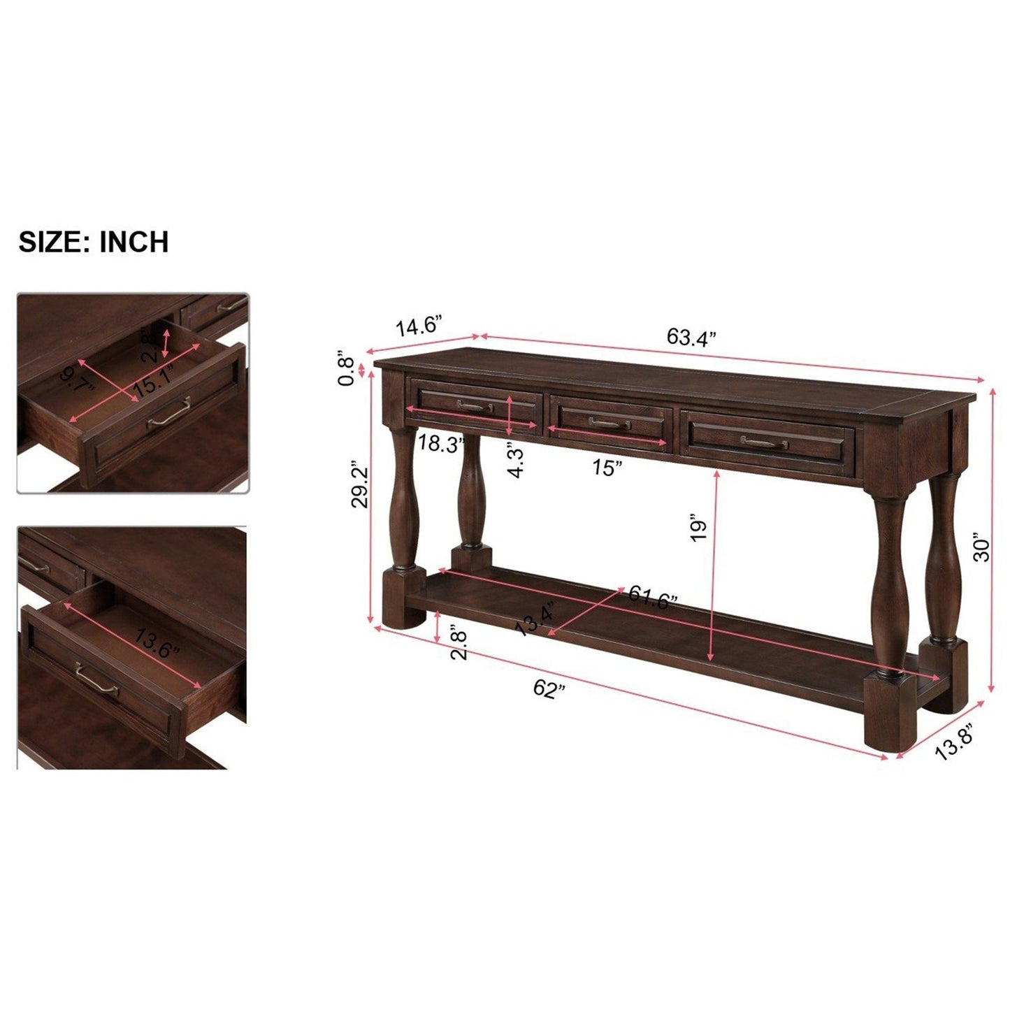 63inch Long Wood Console Table with 3 Drawers and 1 Bottom Shelf for Entryway Hallway Easy Assembly Extra-thick Sofa Table( Light Espresso)