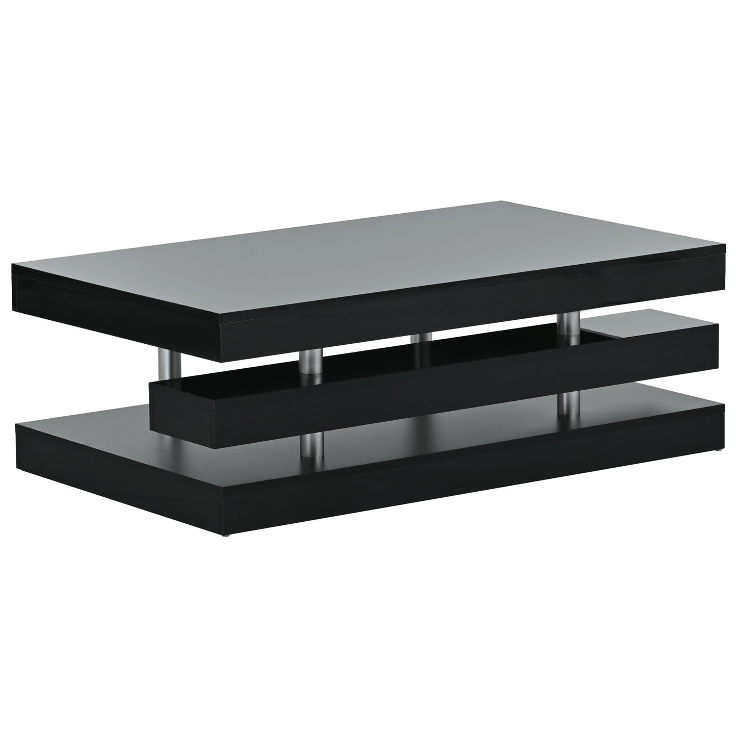 ON-TREND Modern 2-Tier Coffee Table with Silver Metal Legs, Rectangle Cocktail Table with High-gloss UV Surface, Minimalist Design Center Table for Living Room, Black