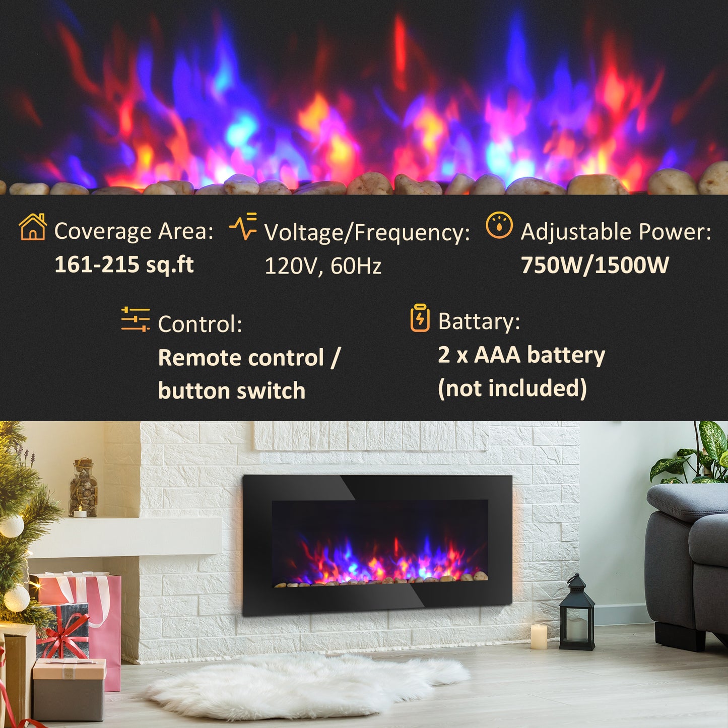 HOMCOM 36" 1500W Electric Wall-Mounted Fireplace with Flame Effect, 7 Color Background Light and Side Light, Black