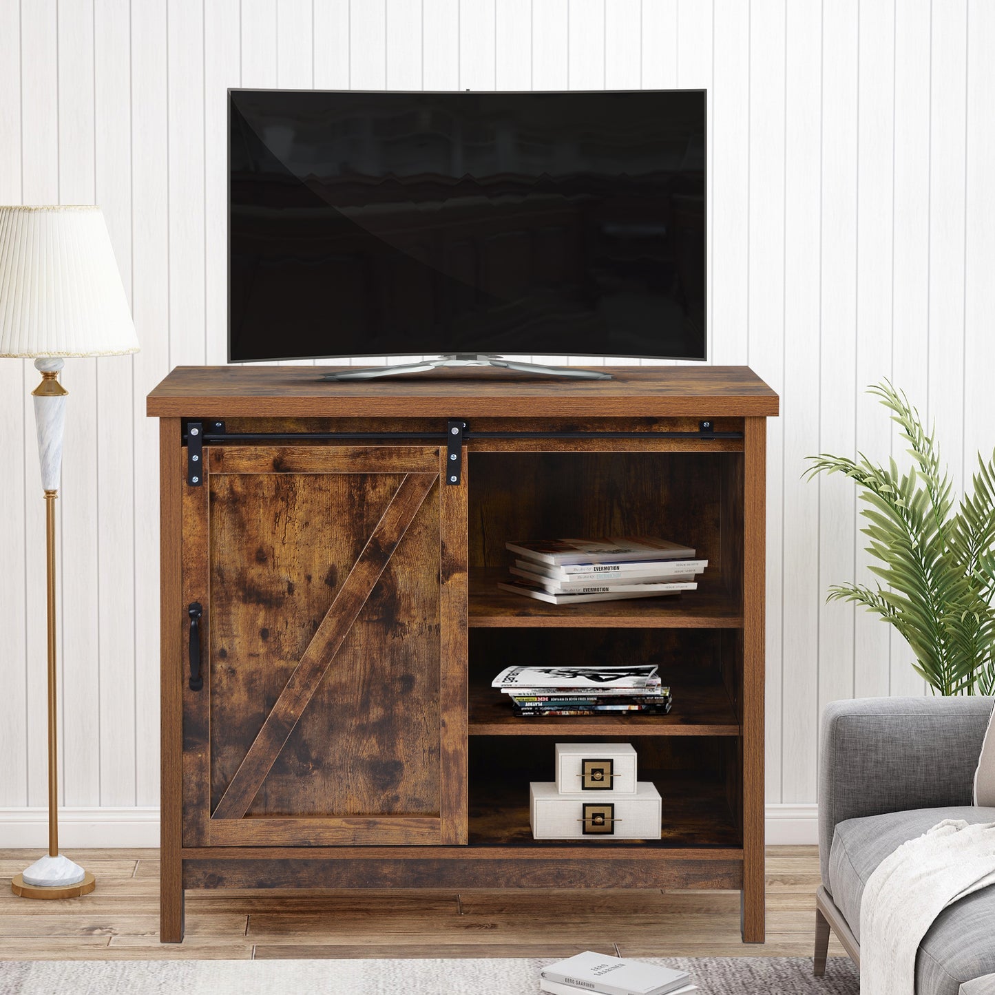 Locker&TV Stand，Barn door modern &farmhousewood entertainment center，  Console for Media,removable door panel & living room with for tvs up to 32'',BARNWOOD/BLACK