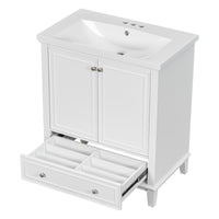 30" Bathroom Vanity with Sink Combo, Multi-functional Bathroom Cabinet with Doors and Drawer, Solid Frame and MDF Board, White