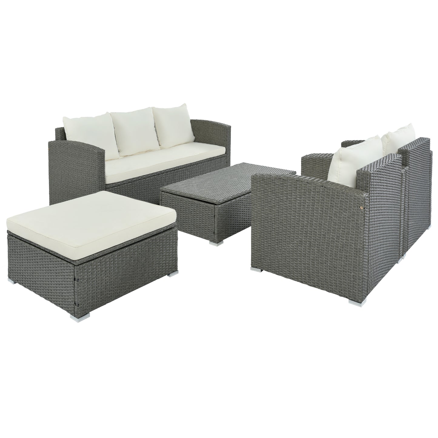 TOPMAX Outdoor Patio 5-Piece All-Weather PE Wicker Rattan Sectional Sofa Set with Multifunctional Table and Ottoman, Gray Wicker+ Beige Cushion