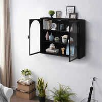 27.56"Glass Doors Modern Two-door Wall Cabinet with Featuring Three-tier Storage for Entryway Living Room Bathroom Dining Room,Wall Cabinet with Characteristic Woven Pattern,Black