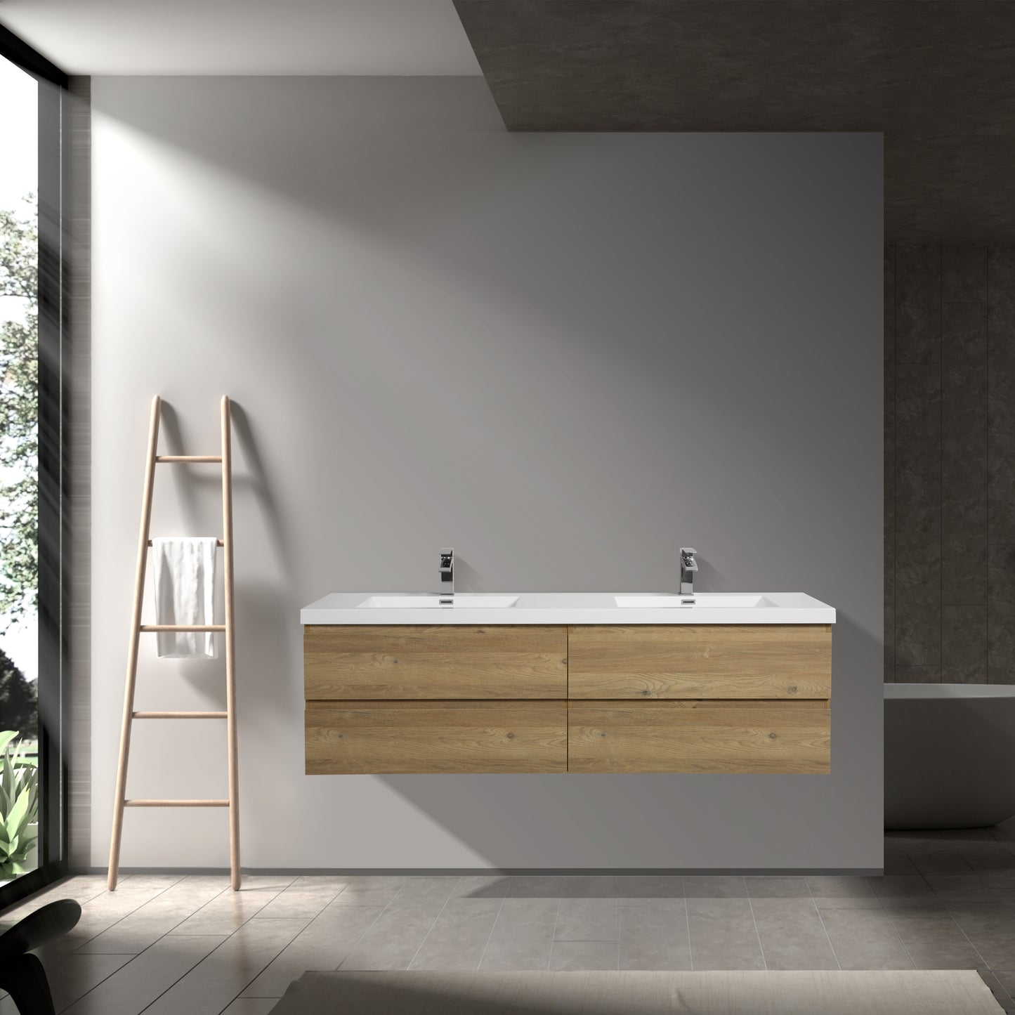 71'' Wall Mounted Double Bathroom Vanity in Natural Wood With White Solid Surface sink