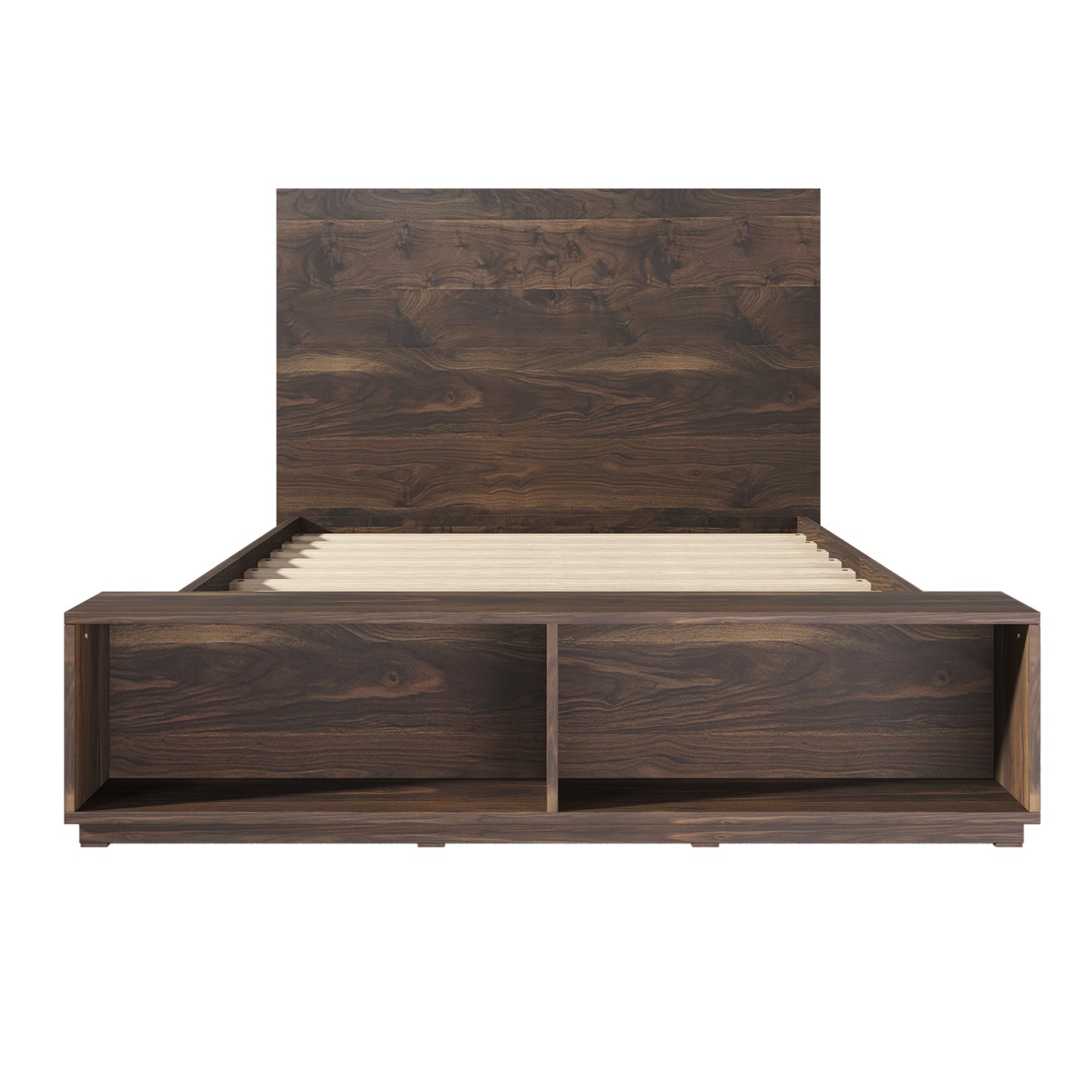 Queen Size Wood Platform Bed with Storage Bench in Walnut