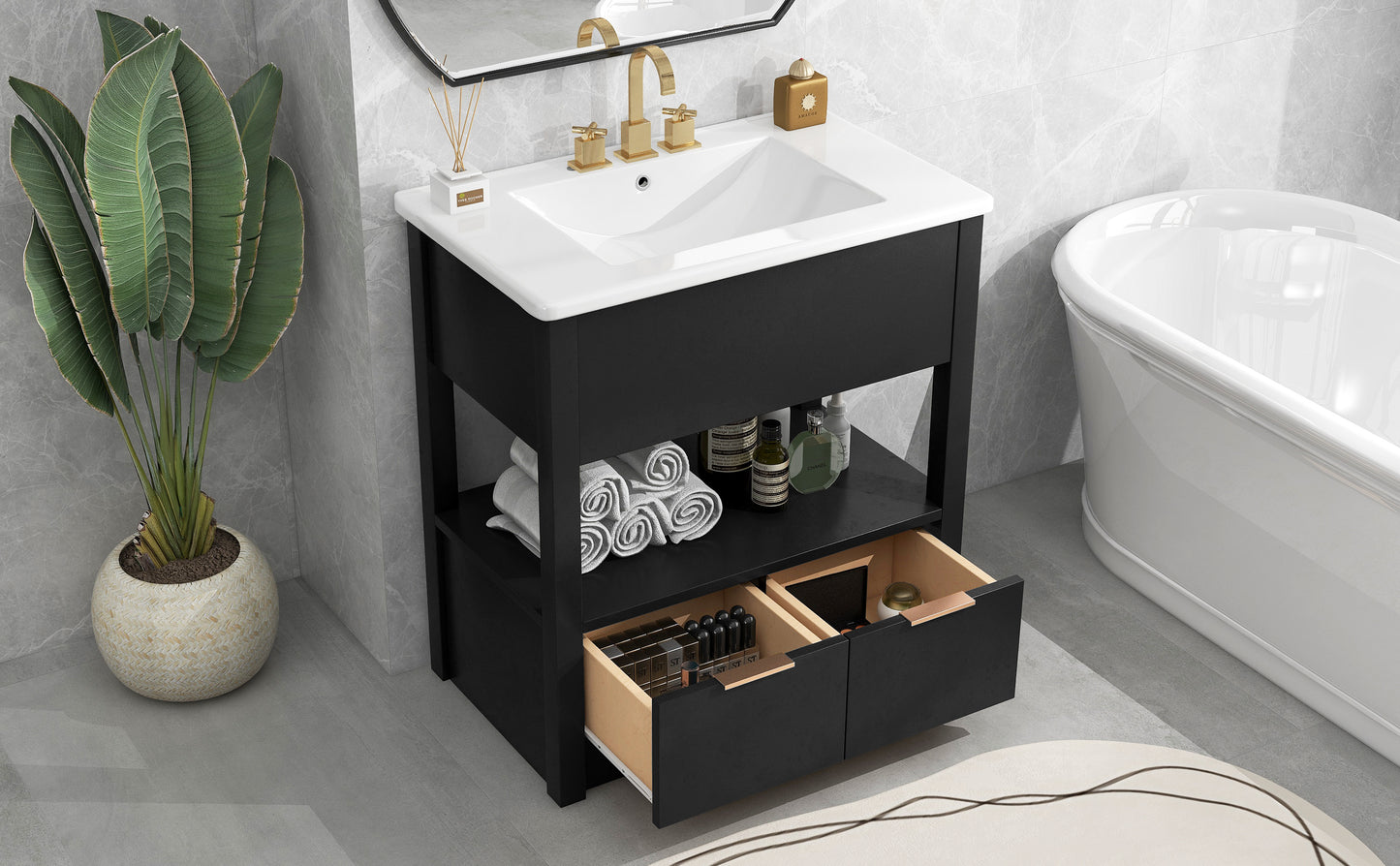 30" Bathroom Vanity with Sink Top, Bathroom Cabinet with Open Storage Shelf and Two Drawers, One Package, Black