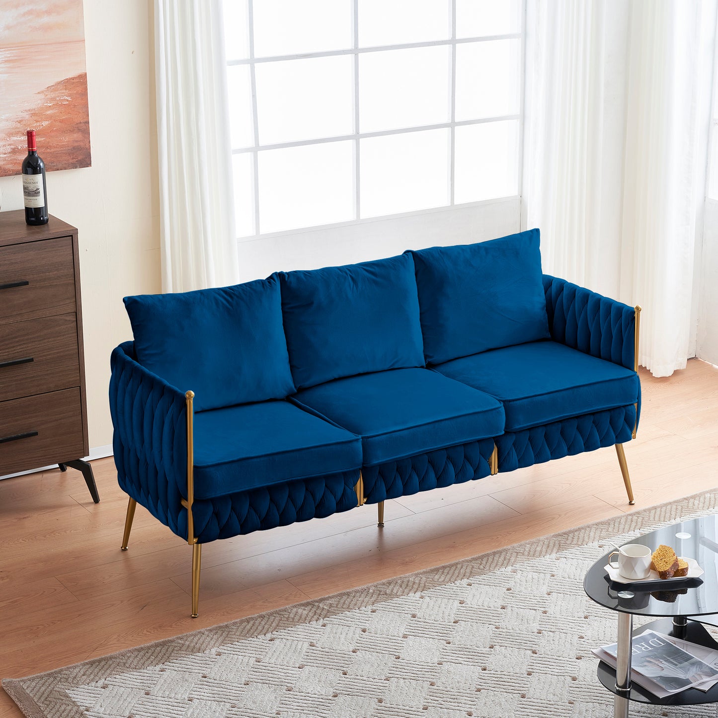 Velvet Couch Sofa for Three People , Upholstered Sofa with Stylish Woven Back, Small Comfy Couch with 3 Pillows, Modern 3-Seat Sofa with Gold Frame for Living Room , Blue Velvet