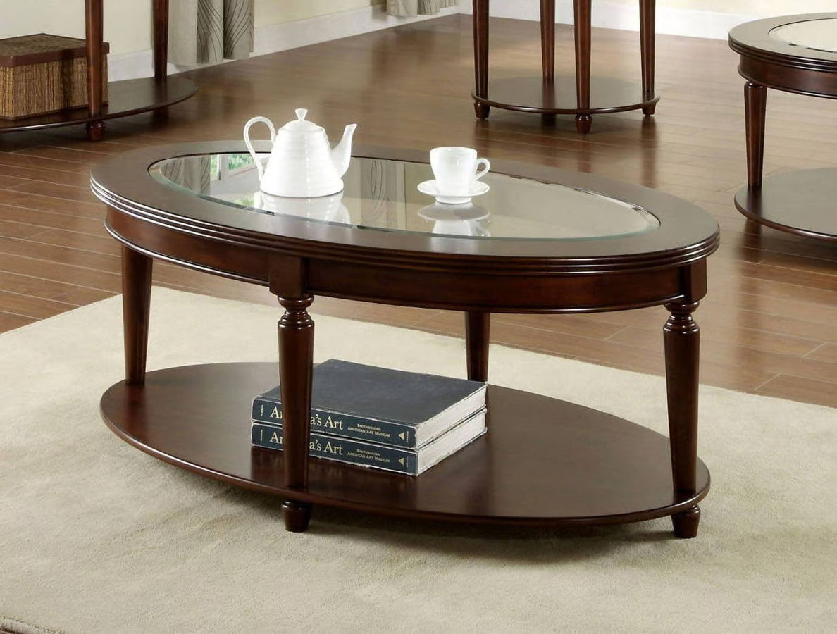 Transitional 1pc Coffee Table Dark Cherry Open Bottom Shelf Beveled Glass Top Turned Legs Living Room Furniture