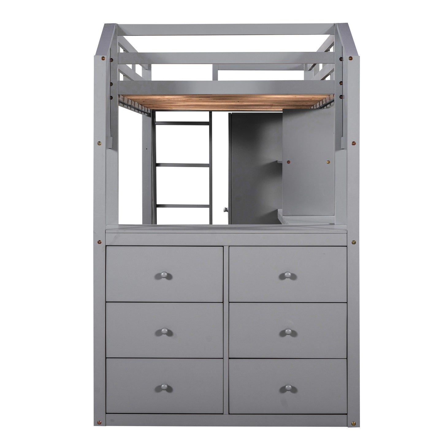 Twin Size Loft Bed with Wardrobe and Drawers, attached Desk with Shelves, Gray