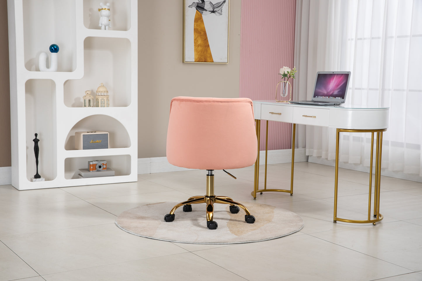 Velvet Fabric Pink Desk Chair for Home Office, Swivel Task Modern Design Chairs Bedroom Girls Women,