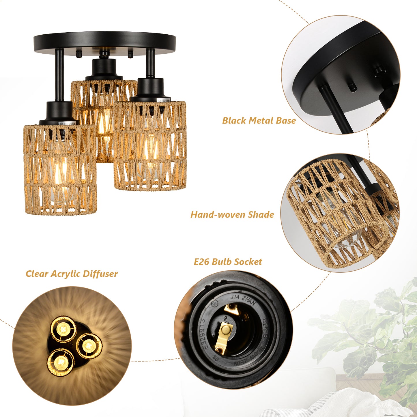 3-Lights Boho Flush Mount Light