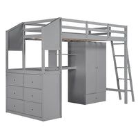 Twin Size Loft Bed with Wardrobe and Drawers, attached Desk with Shelves, Gray