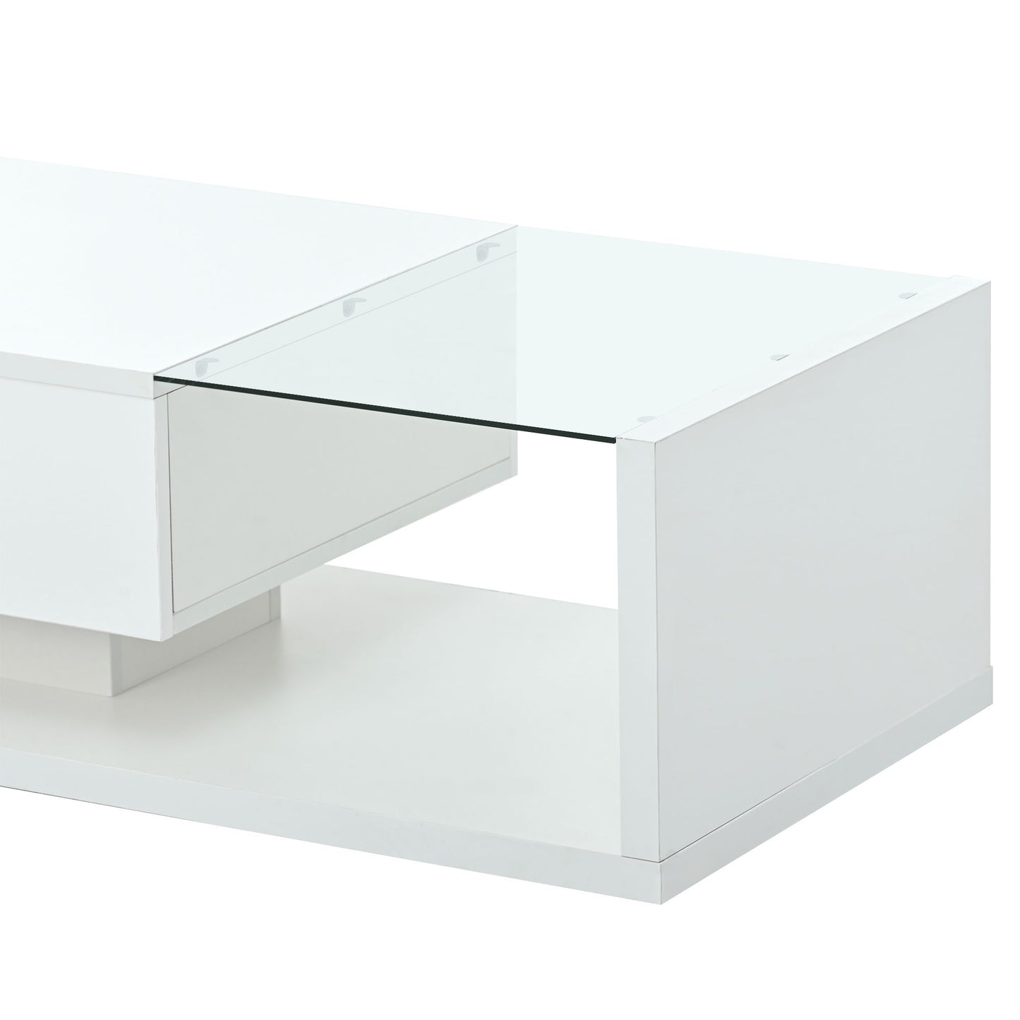 ON-TREND Modern Coffee Table with Tempered Glass, Wooden Cocktail Table with High-gloss UV Surface, Modernist 2-Tier Rectangle Center Table for Living Room, White