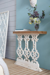 32" x 12" x 32" Classic Vintage White Wash Console Table with Brown Wood Top