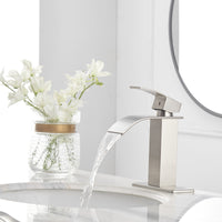 Waterfall Single Hole Single-Handle Low-Arc Bathroom Faucet With Pop-up Drain Assembly in Brushed Nickel