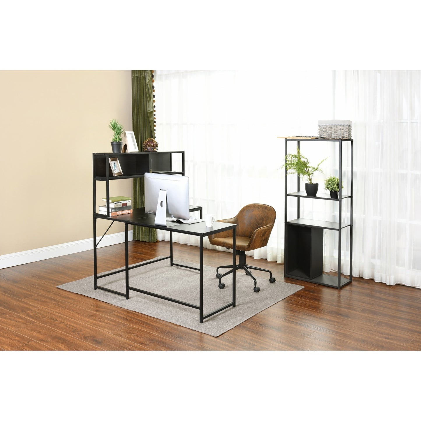 L-Shaped Desk with Hutch Reversible Corner Computer Desk with Storage Shelves, Industrial 54.3" L Shaped Desk Large Gaming Desk Saves Space for Home Office, Black