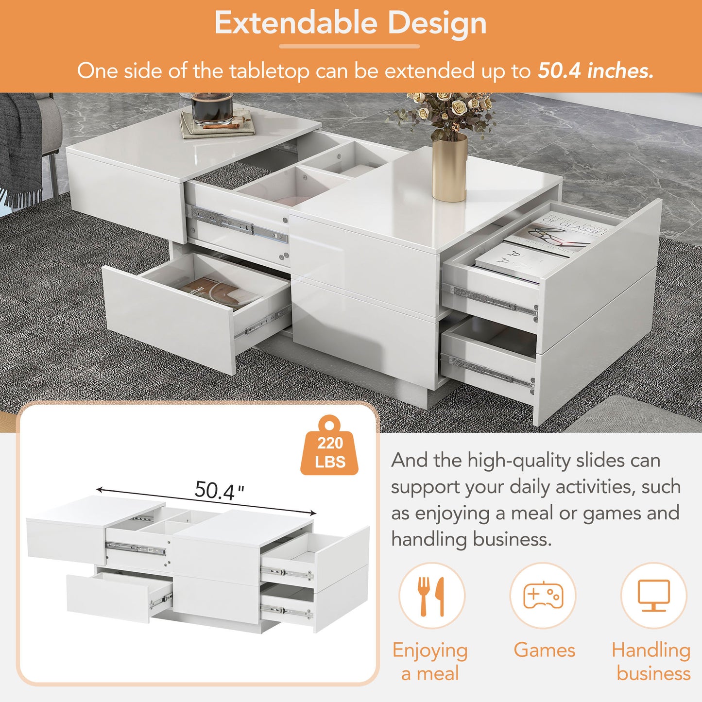 ON-TREND Extendable Coffee Table with 4 Drawers, Rectangle Cocktail Table with Hidden Storage Compartment, UV High-gloss Center Table with Sliding Top for Living Room, 35.4"x 23.6", White