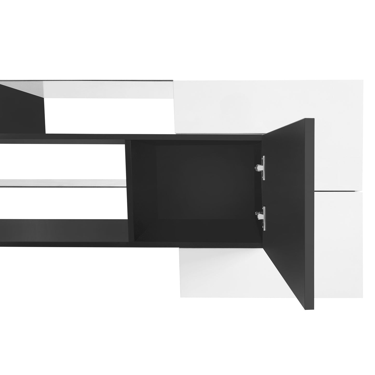 ON-TREND Unique Shape TV Stand with 2 Illuminated Glass Shelves, High Gloss Entertainment Center for TVs Up to 80", Versatile TV Cabinet with LED Color Changing Lights for Living Room, Black&White