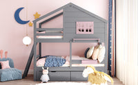 Twin over Twin Bunk Bed with 2 Drawers, 1 Storage Box, 1 Shelf, Window and Roof-Gray(OLD SKU:LT000608AAE)