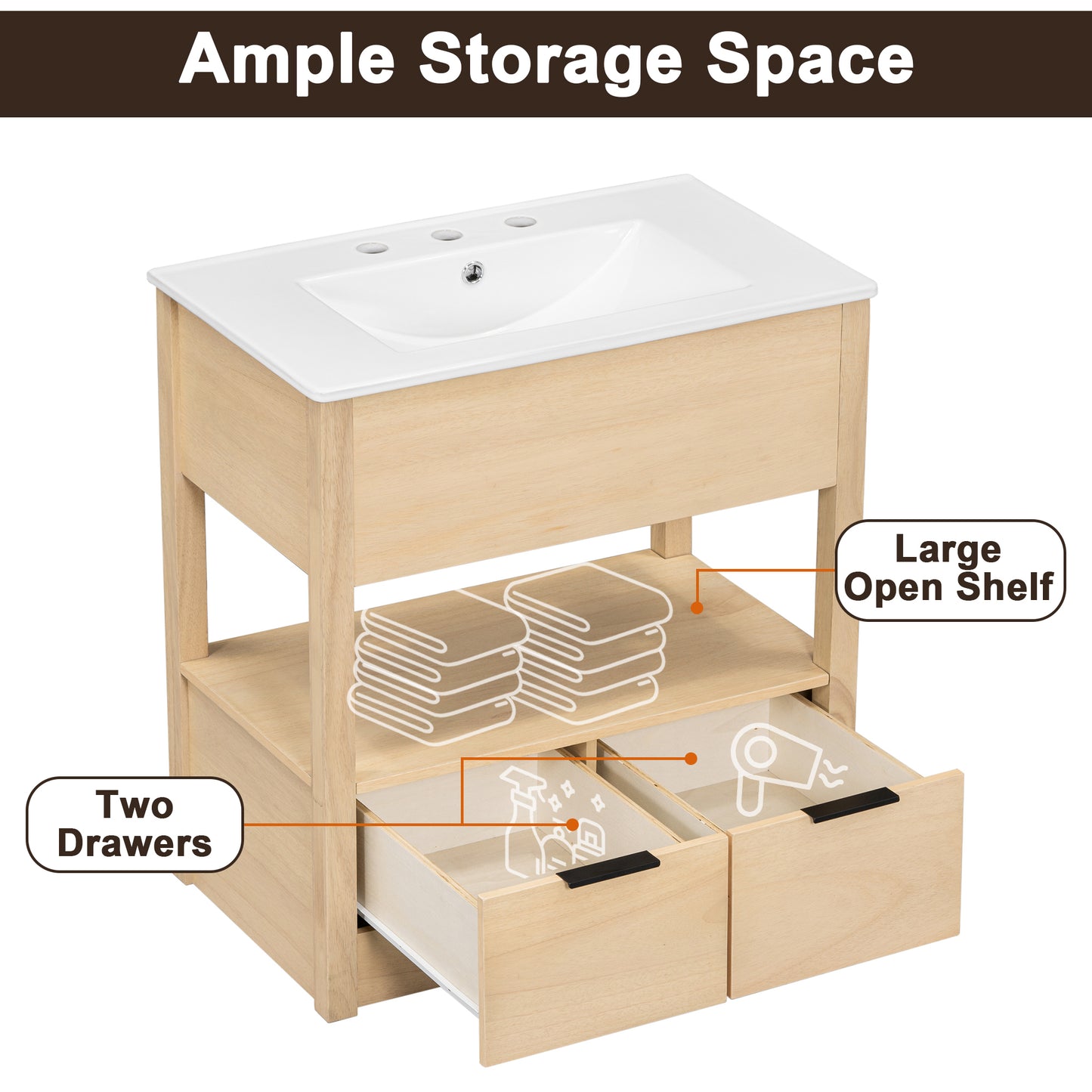 30" Bathroom Vanity with Sink Top, Bathroom Cabinet with Open Storage Shelf and Two Drawers, One Package, Natural