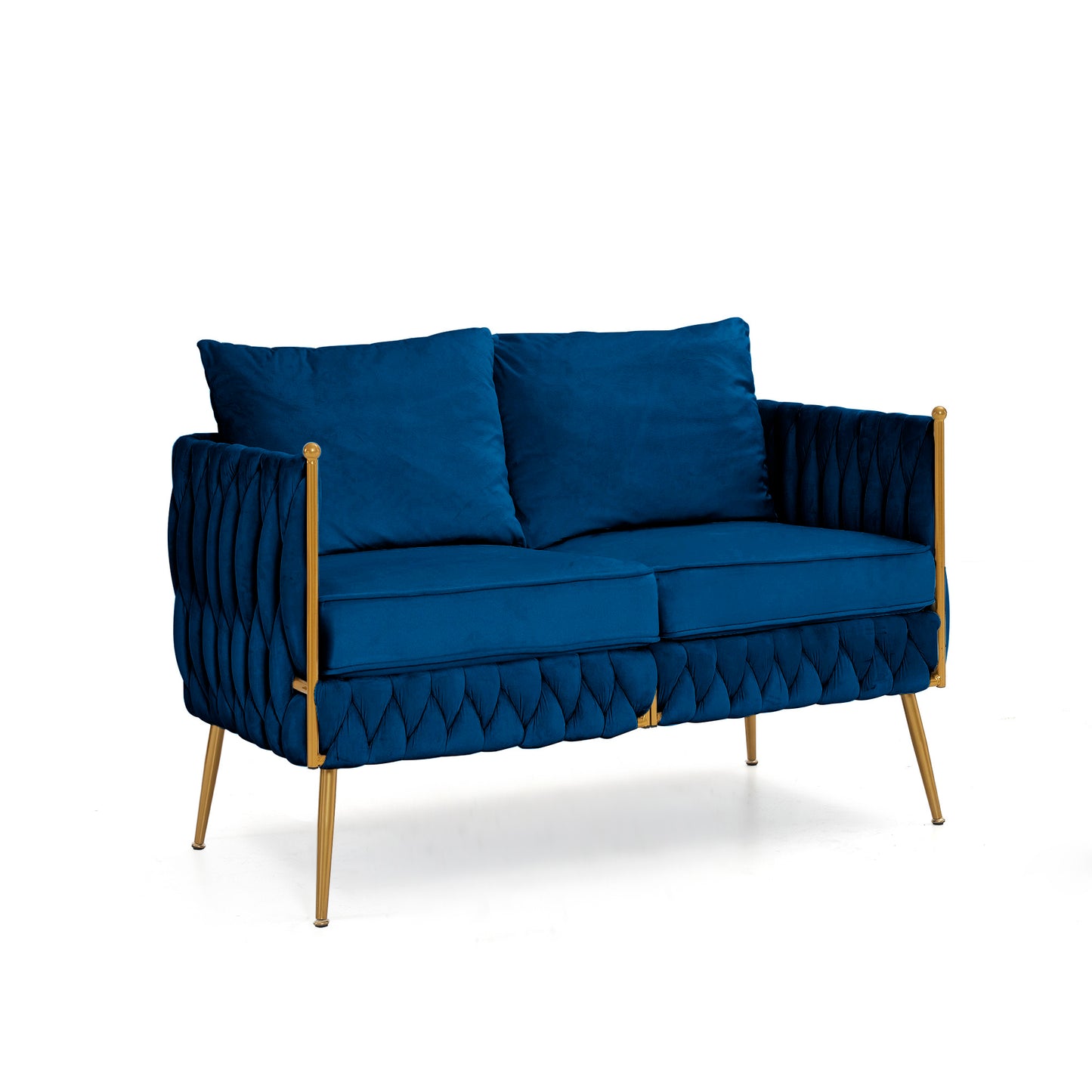 2 Pieces of Loveseat Set Modern Living Room Furniture Set Sofa Couch with Dutch Velvet, Golden Metal Legs And Handmade Woven Back, Blue Velvet