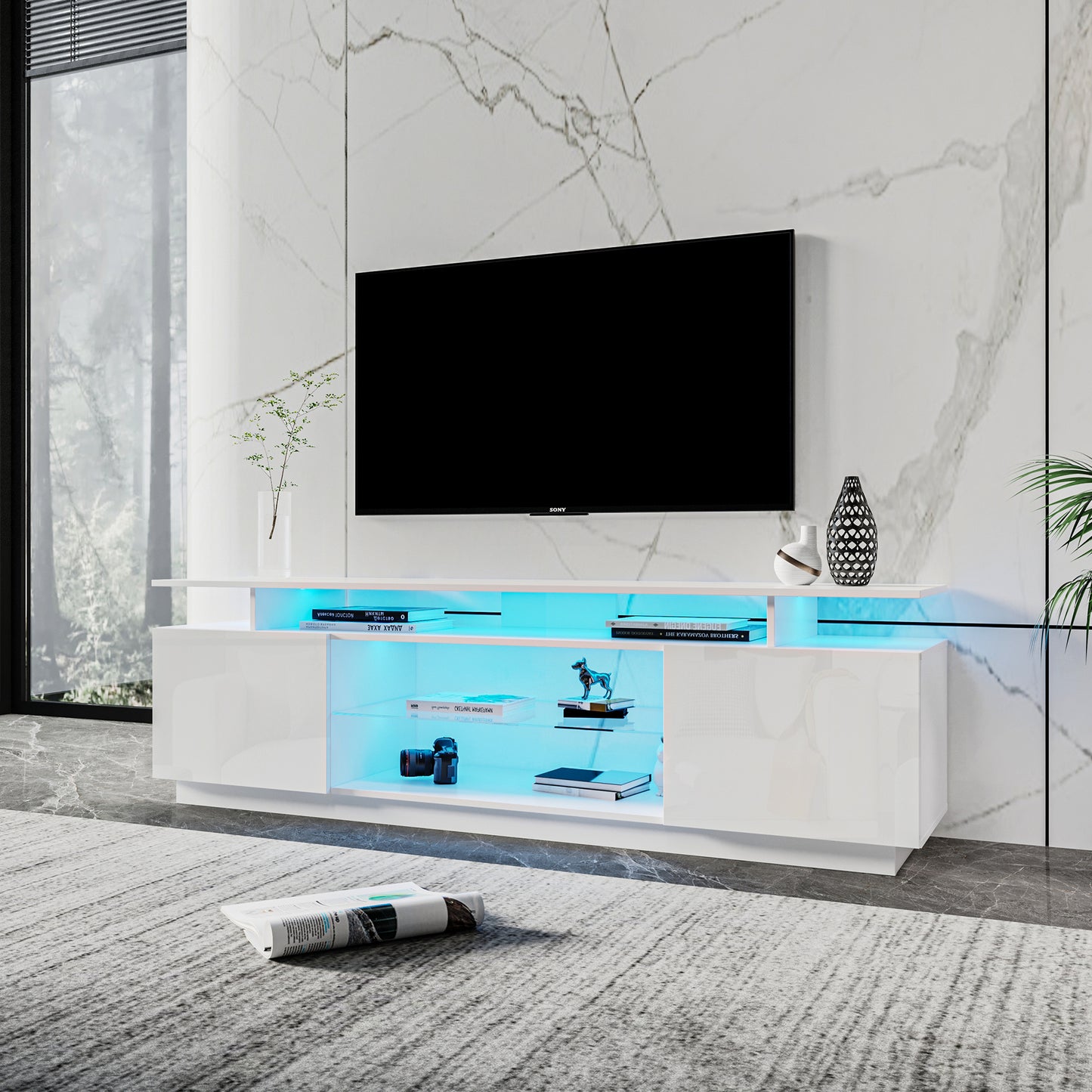 White TV Stand for 80 Inch TV Stands, Media Console Entertainment Center Television Table, 2 Storage Cabinet with Open Shelves for Living Room Bedroom