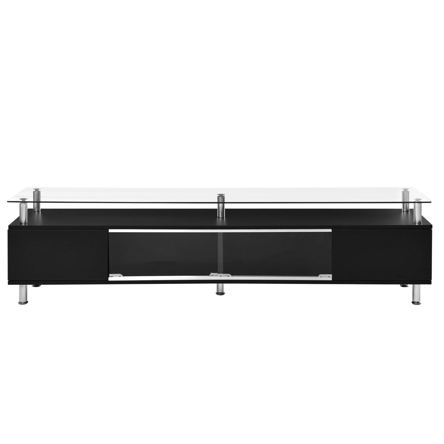 ON-TREND Sleek Design TV Stand with Silver Metal Legs for TV Up to 70", Tempered Glass TV Cabinet with Ample Storage Capacity, Contemporary Media Console with Sliding Glass Door for Living Room, Black