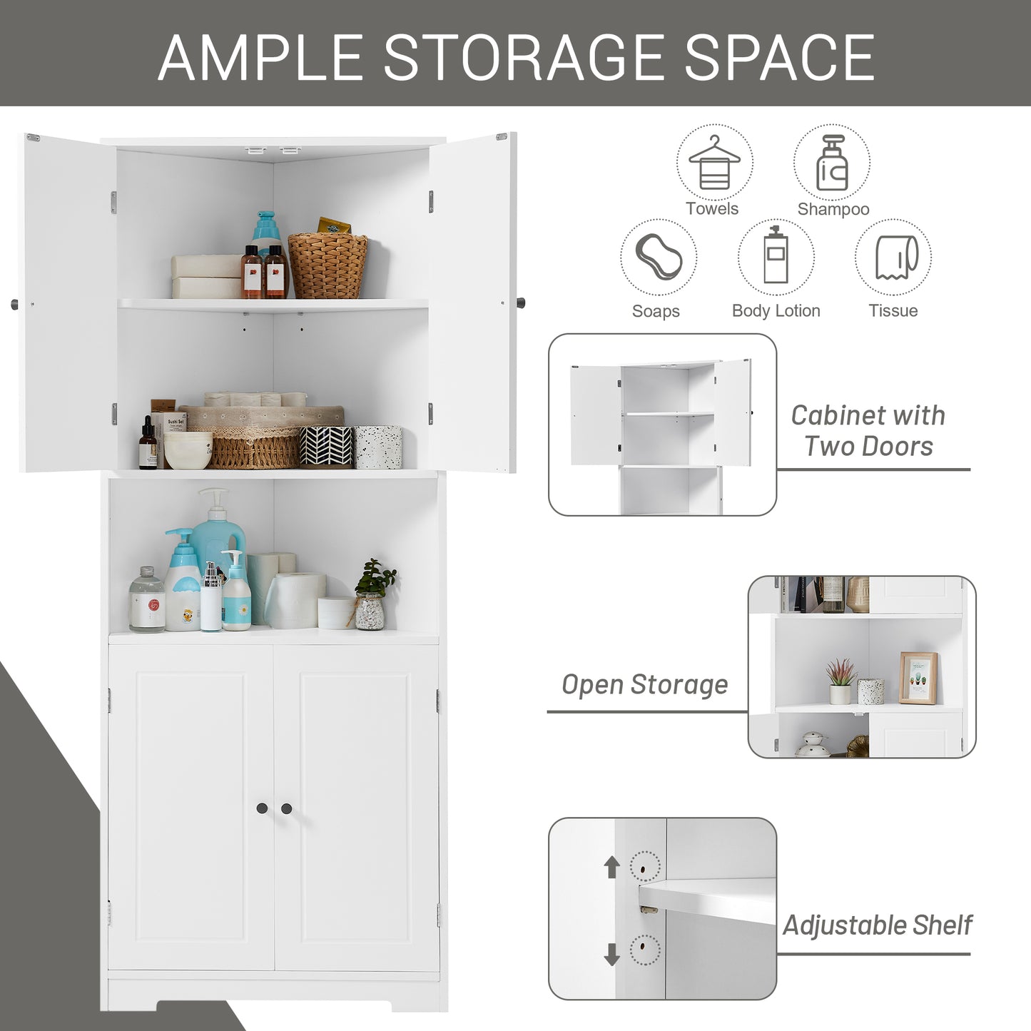 Tall Bathroom Storage Cabinet, Corner Cabinet with Doors and Adjustable Shelf, MDF Board with Painted Finish, White