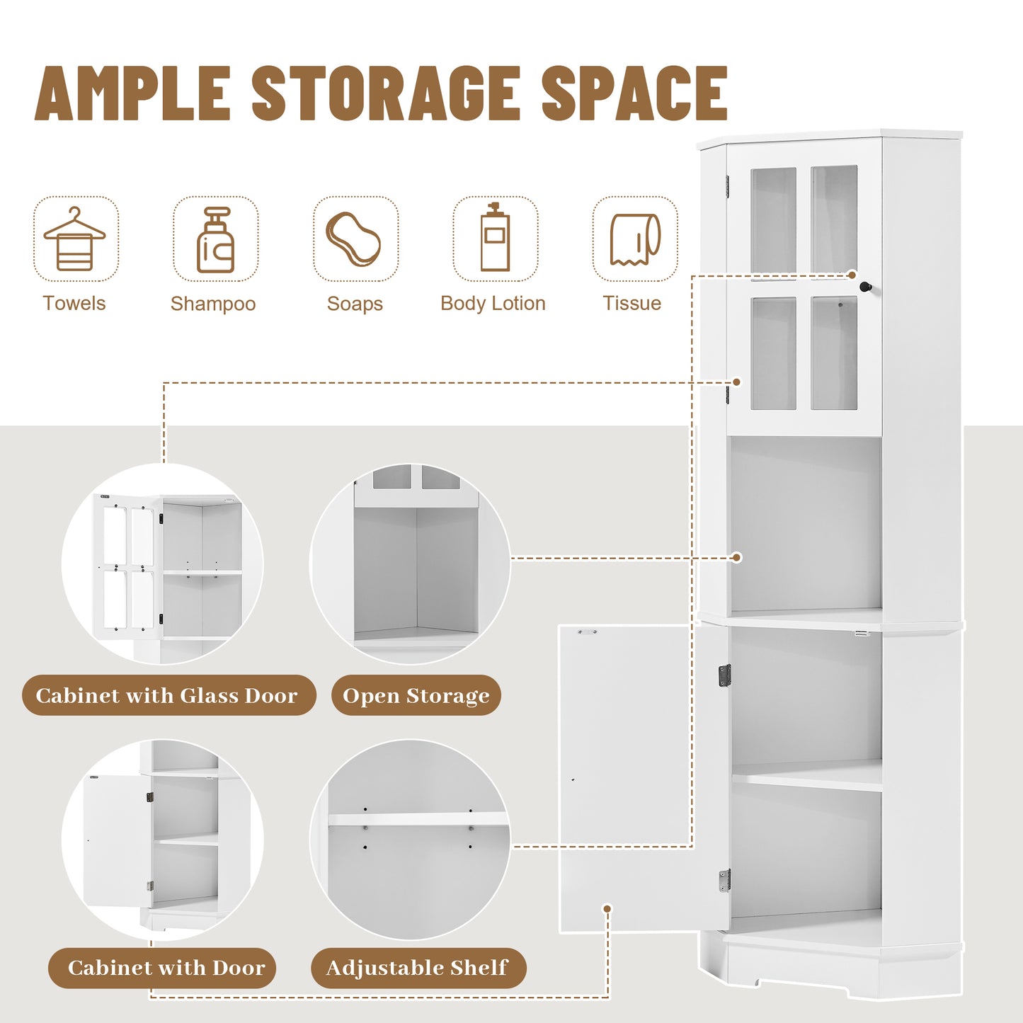 Tall Bathroom Storage Cabinet, Corner Cabinet with Glass Door, Open Storage, Adjustable Shelf, White