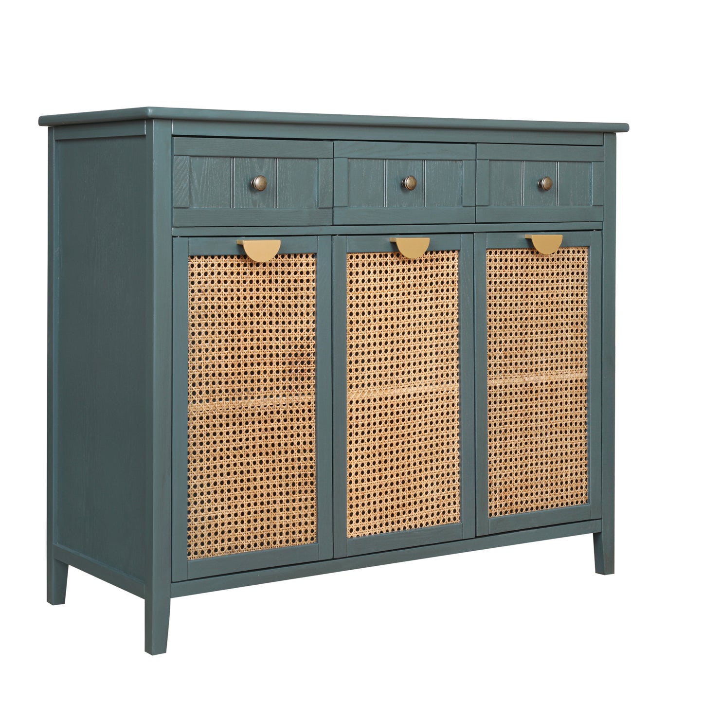 3 door 3 drawer cabinet,sideboard,real wood texture,hand painted,natural rattan weaving,suitable for multiple scenes such as living room, bedroom, study room