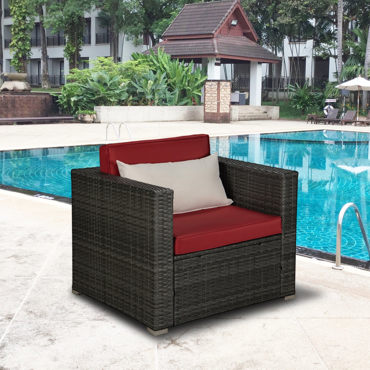 Outdoor Garden Patio Furniture 1-Piece Gray PE Rattan Wicker Sectional Red Cushioned Sofa with 1 Beige Pillow