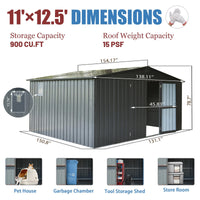 Backyard Storage Shed 11' x 12.5' with Galvanized Steel Frame & Windows, Outdoor Garden Shed Metal Utility Tool Storage Room with Lockable Door for Patio(Dark Gray)